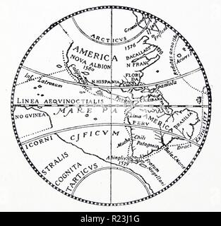 Die Silberne Karte der Welt. Von einem Medaillon im Jahre 1581, in dem die Linie von Drakes Reise nach England im Jahre 1577 nach Westen angeschlagen durch die Magellanstraße nach Kalifornien und New Albion. Stockfoto