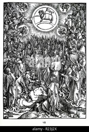 Martin Luther: Vorwort zu der Offenbarung des Johannes (1522): Vorrede zur Offenbarung Johannes (1522). Apokalypse in Zahlen; Holzschnitt von Albrecht Dürer; Die Anbetung des Lammes und die Hymne der gewählt. Die Offenbarung des Heiligen Johannes Stockfoto