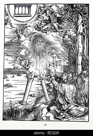 Martin Luther: Vorwort zu der Offenbarung des Johannes (1522): Vorrede zur Offenbarung Johannes (1522). Apokalypse in Zahlen; Holzschnitt von Albrecht Dürer; Saint John frisst das Buch der Engel vorgestellt. Die Offenbarung des Heiligen Johannes Stockfoto