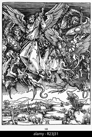 Martin Luther: Vorwort zu der Offenbarung des Johannes (1522): Vorrede zur Offenbarung Johannes (1522). Apokalypse in Zahlen; Holzschnitt von Albrecht Dürer; St. Michael im Kampf gegen die Drachen Stockfoto