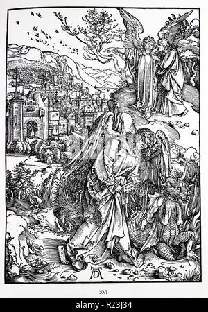 Martin Luther: Vorwort zu der Offenbarung des Johannes (1522): Vorrede zur Offenbarung Johannes (1522). Apokalypse in Zahlen; Holzschnitt von Albrecht Dürer; die Offenbarung des Johannes: 15. Der Engel mit den Schlüssel des Abgrundes Stockfoto