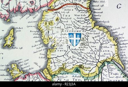 Schild von Northumberland, aus dem Heptarchy; ein Sammelbegriff der Angelsächsischen Königreiche von Süden, Osten angewandt, und in England während der Spätantike und dem frühen Mittelalter, Detail aus einer alten Karte von Großbritannien, von der holländischen Kartographen Willem Blaeu Atlas Novus (Amsterdam 1635) Stockfoto