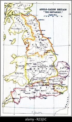1914 Landkarte der Heptarchy (aus dem Griechischen hepta, sieben). Der Name, der der angelsächsischen Königreiche von Süden, Osten angewandt, und in England während der Spätantike und dem frühen Mittelalter, konventionell als sieben: Northumbria, Mercia, East Anglia, Essex, Kent, Sussex, Wessex identifiziert. Der angelsächsischen Königreiche schließlich in das Königreich von England Unified Stockfoto