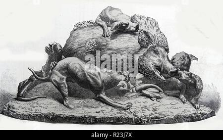 Abbildung zeigt eine Statue von einem Schwein durch Hunde angegriffen werden, während eine erfolgreiche Jagd. Datierte 1820 Stockfoto