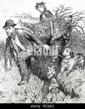 Abbildung aus einem Buch Darstellung einen Landstreicher Spaziergang mit seinem Hund durch einen Graben. Datiert 1913 Stockfoto