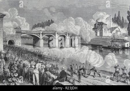 Abbildung zeigt den Angriff und die Eroberung der Brücke von Chateau führen von Saint-German-en-Laye, während der Schlacht von Versailles. Vom 1815 Stockfoto