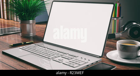 Computer Laptop mit einem leeren Bildschirm auf einem hölzernen Schreibtisch, Büro Hintergrund, 3D-Darstellung Stockfoto