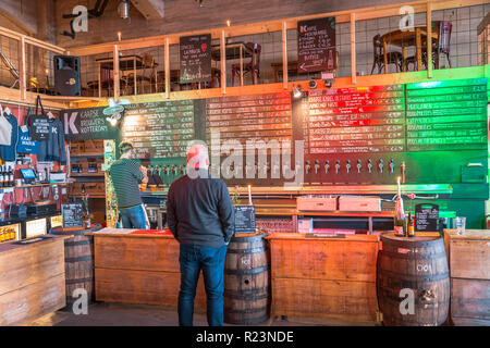 Rotterdam, Holland, 14-Nov-2018: ein Mensch ist für sein Bier im Biergarten Zimmer mit einer riesigen Menge an Bier warten, ist diese Bar hat die größte Menge des Bieres in Rotterdam. Stockfoto