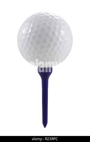 Golfball auf blauen T-Stück mit Freistellungspfad Stockfoto