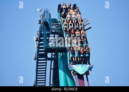Orlando, Florida. Oktober 19, 2018 Menschen unterschiedlichen Alters begeistert und durch schnelle Abfahrt reiten Mako Achterbahn in Seaworld Freizeitpark erschrocken. Stockfoto