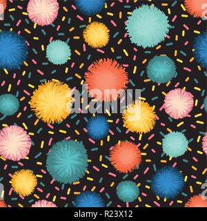 Dekorative besprüht und pom poms nahtlose Vektor Muster wiederholen. Teal, blaue, gelbe und rote Partei Dekor auf schwarzen Hintergrund. Ideal für Geburtstag, Karte, Einladung, Verpackungen, Papier, Feier, Kinder Stock Vektor