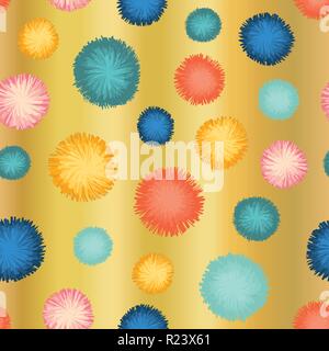 Dekorative party pom poms nahtlose Vektor Muster wiederholen. Teal, blaue, gelbe und rote Bommeln auf goldenem Hintergrund. Ideal für Geburtstag, Karten, Einladungen, Verpackungen, digitale Papier, Feier, Kinder Stock Vektor