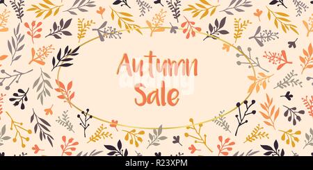 Herbst Sale text Vektor mit Hand Blätter auf beigem Hintergrund dargestellt. Herbst Sale Schriftzug Abbildung. Angebot Werbung für Flyer, Poster, Banner, Drucke Stock Vektor