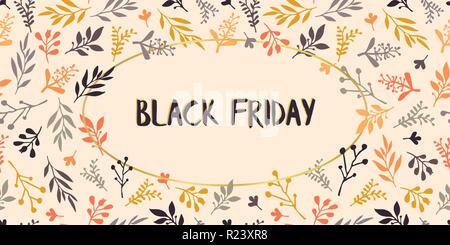 Schwarzer Freitag Verkauf text Vektor mit Hand Blätter auf beigem Hintergrund dargestellt. Schwarzer Freitag Schriftzug Abbildung. Angebot Werbung für Flyer, Poster, Banner, Drucke Stock Vektor