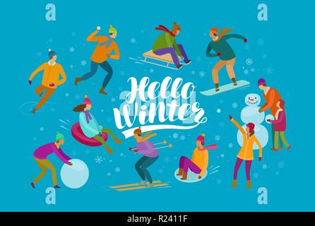 Hallo Winter, Banner. Winter Spaß und Aktivitäten Konzept. Vector Illustration Stock Vektor