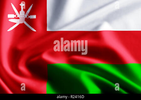 Oman 3D winken und closeup flag Abbildung mit Reflexionen. Verwendbar für Hintergrund und Textur. Stockfoto