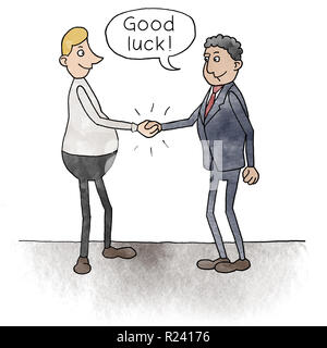 Cartoon von zwei Geschäftsmänner Händeschütteln mit Sprechblase: Viel Glück Stockfoto