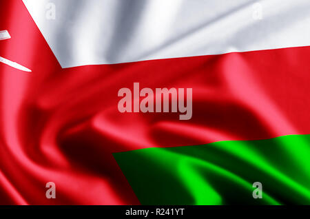 Oman 3D winken und closeup flag Abbildung mit Reflexionen. Verwendbar für Hintergrund und Textur. Stockfoto