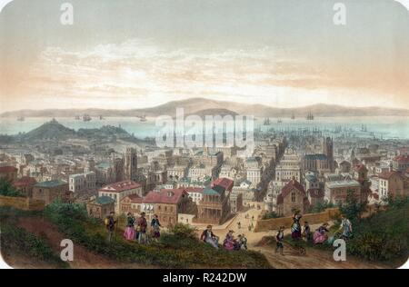 Bild mit dem Titel "Vue de San Francisco Vista de San-Francisco" mit Blick auf San Francisco, mit Menschen auf einem Hügel im Vordergrund. Erstellt von Laurent Isador Deroy (1797-1886). Vom 1860 Stockfoto