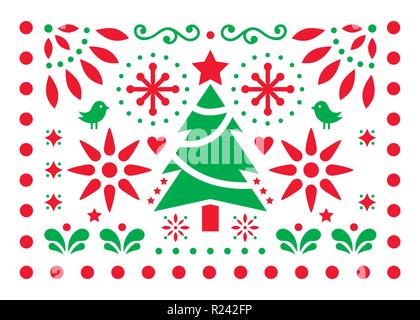 Weihnachten vektor design - mexikanischer Volkskunst Muster, Weihnachten rot und grün Grußkarte mit Weihnachtsbaum, Schneeflocken und geometrische Formen. Stock Vektor