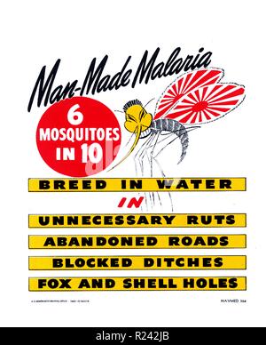 Man-Made Malaria. 6 Moskitos in 10 Rasse in Wasser in unnötige Furchen, verlassene Straßen blockiert, Gräben, Fox und Shell Löcher. U.S. Navy, Büro der Medizin & Chirurgie, U.S. Government Printing Office, USA, 1945 Krieg - Zeit US-Militär Gesundheit Kampagnen oft verschmolzen die Japanische Feind mit der Krankheit - die Fliegen und Mücken. Hier wird eine Anopheles-mücke ist die stereotype Merkmale der japanischen Feind gegeben und hat die aufgehende Sonne der japanischen kaiserlichen Flagge Stockfoto