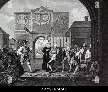 Kupferstich von britischen Künstler & Stecher, William Hogarth 1697-1764: Das Tor von Calais oder O das Roastbeef von Old England ist ein 1749 Gravur. Die Szene zeigt eine Seite des Rindfleisches vom Hafen transportiert werden zu einem englischen Taverne in den Hafen, während eine Gruppe von unterernährt, zackige französische Soldaten und ein fat Friar sieht hungrig aus dem 18. Jahrhundert Stockfoto