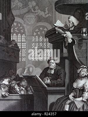 Kupferstich von britischen Künstler & Stecher, William Hogarth 1697-1764: Der schlafende Gemeinde 1736. Die Gemeinde schnarcht durch die drohne von der Bergpredigt ein altersschwaches Minister. Eine disparate Engel an der Wand lauert über der Szene, die unheilvolle Atmosphäre des 18. Jahrhunderts widerspiegeln Stockfoto