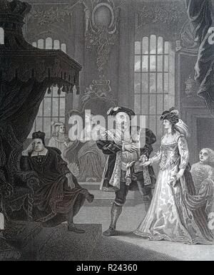 Kupferstich von britischen Künstler & Stecher, William Hogarth 1697-1764: König Heinrich der Achte & Anna Bullen (Anne Boleyn). Henry bekennt der Hofdame seiner (1 St) Ehefrau, Katharina von Aragon, diese wieder auf den Thron gesetzt, seine Gefühle. Auf der rechten Seite des Allmächtigen Kardinal Thomas Wolsey. Kupferstich von Thomas Cook (C. 1744-1818). Stockfoto