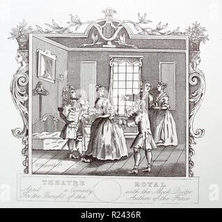 Kupferstich von britischen Künstler & Stecher, William Hogarth (1697-1764: Ticket für die) Theatre Royal, Drury Lane, London. Die alte Batchelor. Zum Nutzen der Joe Miller. Bühnenbild. Gravur 1757 18. Stockfoto