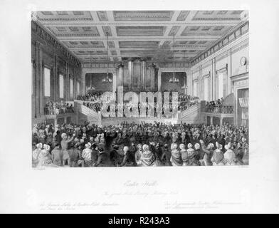 Exeter Hall, die große Anti-Sklaverei treffen, 1841 von Henry Melville, Graveur, aktive 1826-1841. Druck zeigt innen Exeter Hall gefüllt mit einer großen Menschenmenge für das Treffen der Anti-Slavery Society, London, England. Stockfoto