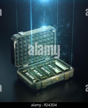 Safe Fall voller goldener Bars mit Worten große Daten- und Cloud der digitalen Punkte leuchten auf. Das Konzept der bigdata Wert in der modernen Welt qualitativ hochwertige 3D-Render Abbildung Stockfoto