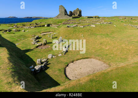 Jarlshof prähistorischen und nordischen Siedlung, 4000 Jahre alt, Sumburgh Head, Festland, Shetlandinseln, Schottland, Großbritannien, Europa Stockfoto