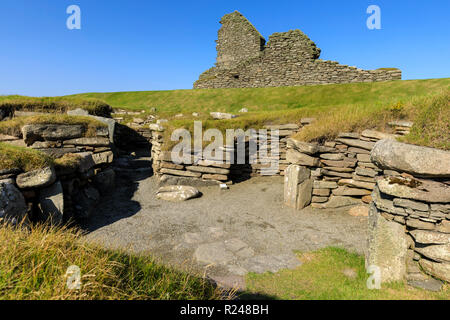 Jarlshof prähistorischen und nordischen Siedlung, 4000 Jahre alt, Sumburgh Head, Festland, Shetlandinseln, Schottland, Großbritannien, Europa Stockfoto