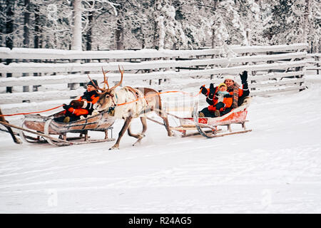 Rovaniemi, Finnland - 30. Dezember 2010: Paar gruss Zuschauer während der Rennen auf dem Rentier Schlitten in Finnland in Lappland im Winter. Stockfoto