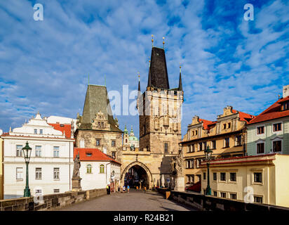 Lesser Town Bridge Tower, Karlsbrücke, Mala Strana, Prag, UNESCO-Weltkulturerbe, Böhmen, Tschechische Republik, Europa Stockfoto