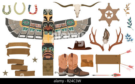 Wilden Westen mit, Wigwam, Schamanen Totem Steine, Blumen, Ribbon, Schuhe, Mütze, Bull, Bug, Knochen, Ranger Star Sheriff Zeichen vintage Farbe Weiß Hintergrund Stockfoto