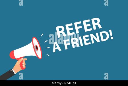 Megafon mit Sprechblase. Empfehlen Sie einen Freund Konzept. Vector Illustration Stock Vektor