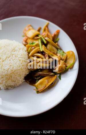 Frisch zubereitete asiatische würzige gemischte Meeresfrüchte mit Jasmin Reis in einem lokalen Restaurant auf Koh Mook Insel serviert. Traditionelle thailändische Küche aus frischen ingre Stockfoto