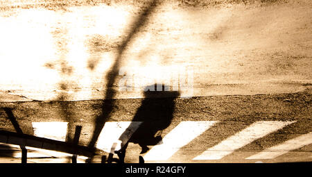 Blurry Zebrastreifen mit Silhouette und Schatten einer Frau zu Fuß in den kalten, sonnigen Herbst in sepia schwarz und weiß, mit der Oberseite nach unten Stockfoto