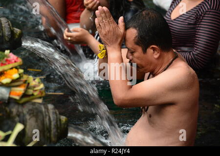 Ein Anhänger beten und Baden an Tirta Empul. Tampaksiring. Bali. Indonesien Stockfoto