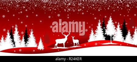 Winterlandschaft. Wald im Winter. Bäume, Hirsche, Schneeflocken auf einem roten Hintergrund. Winter roten Banner. Stock Vektor