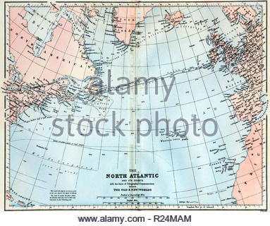 North Atlantic Karte und seine Küsten zeigt die subsea Kabel Leitungen von Telegraph Kommunikation, Karte von 1860 Stockfoto