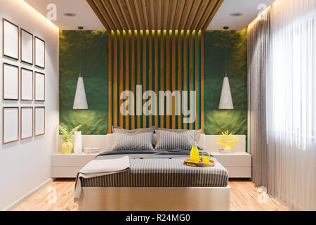 3D-Illustration aus einem Schlafzimmer in einem privaten Haus in a country house. Das Interieur der Zimmer ist im skandinavischen Stil mit Elementen aus Stockfoto