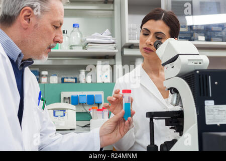 Frau mit einem Mikroskop in einem chemischen Labor Stockfoto