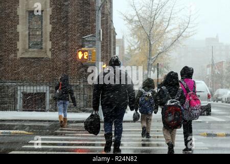 New York, NY, USA. 16 Nov. 2018. Die Bewohner der Stadt kämpfte durch den ersten Schnee Herbst Winter 2019 Am 15. November 2018, wenn 6 Zoll Schnee fallen, Stockfoto