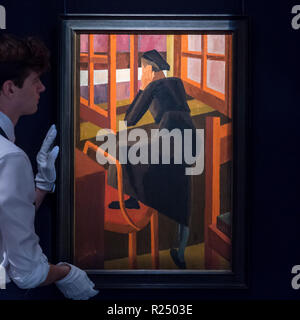 London, Großbritannien. 16. November 2018. Ein Techniker präsentiert mit "Am Fenster", 1919, von David Bomberg (Est. GBP 500,000-800,000). Vorschau von Sotheby's Herbst Verkauf von modernen und nach dem Krieg die britische Kunst Werke aus der britischen Kunstszene der letzten Jahrhunderts für Verkauf am 20. und 21. November 2018 bei Sotheby's in London angeboten werden. Credit: Stephen Chung/Alamy leben Nachrichten Stockfoto