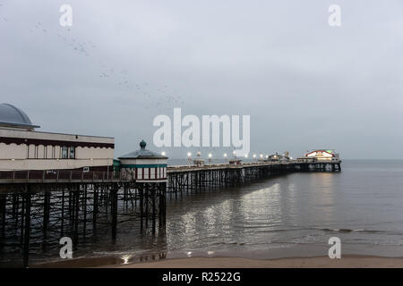 Blackpool Großbritannien, 16. November 2018. Wetter news. Das Wetter ist mild, aber in Blackpool stumpf an diesem Abend. Die Stare sich für Ihren Abend roost an der Nordküste von Blackpool pier, einer der wenigen Rastplätze um das Land Credit: Gary Telford/Alamy leben Nachrichten Stockfoto