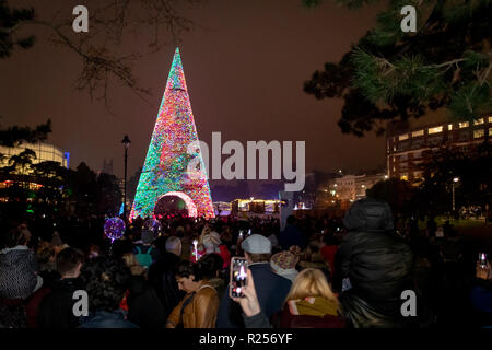 Bournemouth, UK. 16. November 2018. Tausende von Menschen strömen zu der grossen Schalter an der Bournemouth Weihnachtsbaum Wunderland, wo 100 Weihnachtsbäume in allen Formen und Größen zum Leben kamen, einschließlich der 60 ft Bournemouth Wunderland Baum Mittelstück. Die massive Wunderland Baum ist ein einzigartiger Weg - durch Struktur, in Bournemouth Gärten, die regelmäßigen Ton- und Lichtshows mit Musik. Über 500.000 Lichter machen den Reiz aus. Stockfoto