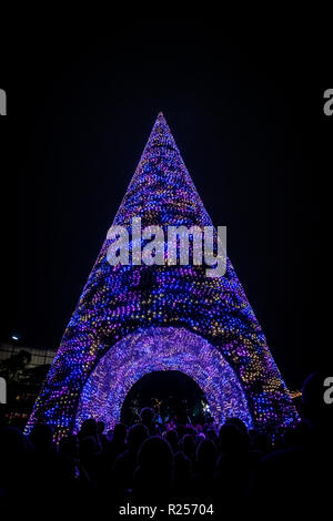 Bournemouth, UK. 16. November 2018. Tausende von Menschen strömen zu der grossen Schalter an der Bournemouth Weihnachtsbaum Wunderland, wo 100 Weihnachtsbäume in allen Formen und Größen zum Leben kamen, einschließlich der 60 ft Bournemouth Wunderland Baum Mittelstück. Die massive Wunderland Baum ist ein einzigartiger Weg - durch Struktur, in Bournemouth Gärten, die regelmäßigen Ton- und Lichtshows mit Musik. Über 500.000 Lichter machen den Reiz aus. Stockfoto