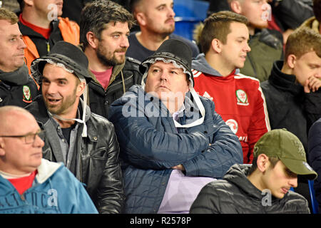 Cardiff - Wales - UK - 16. November 2018 - Die UEFA Nationen Liga 2019: Wales v Dänemark in Cardiff City Stadium Waliser Anhänger tragen traditionelle walisische Hüte. Stockfoto